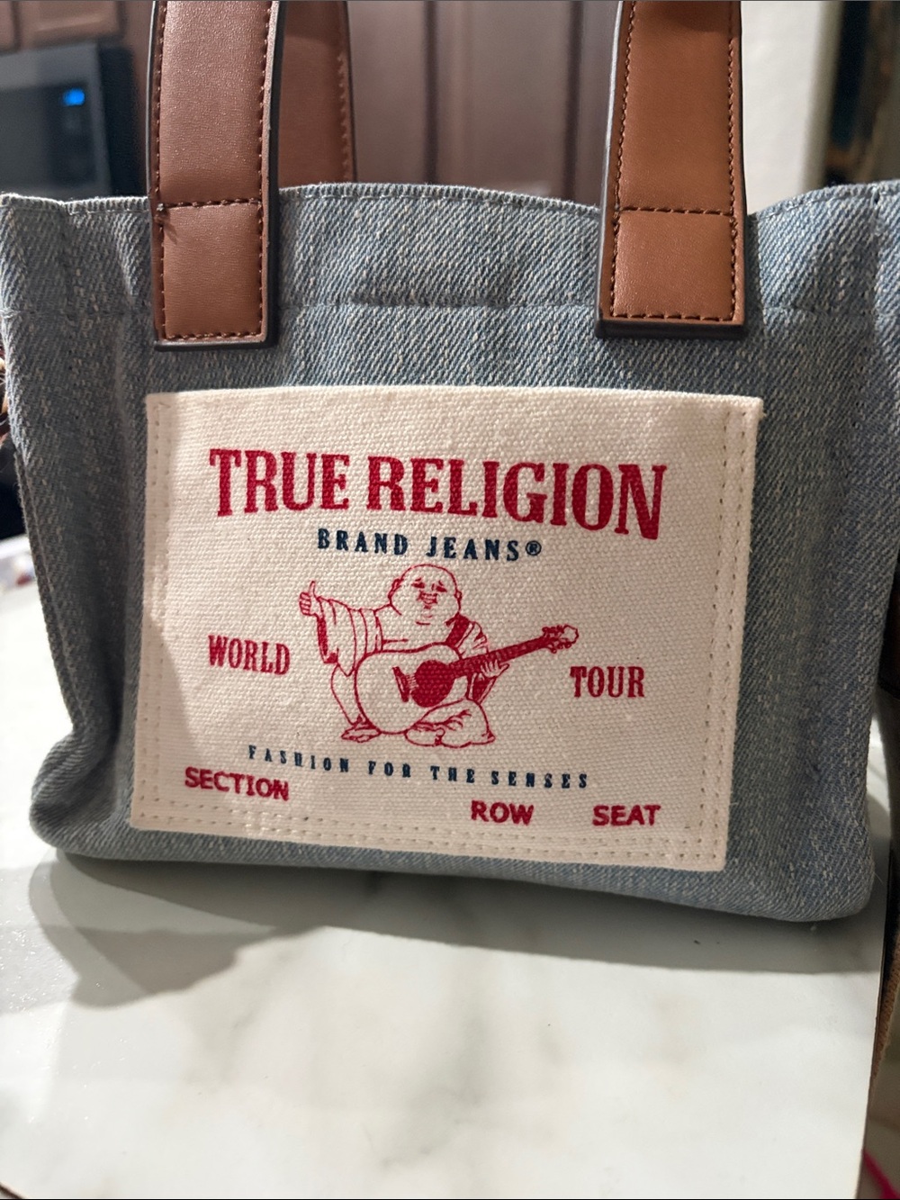 True Religion Denim Tote with Red Logo and Tan Handles